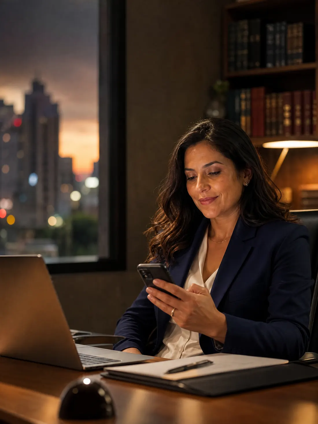 Advogada no escritório, no começo da noite, lendo uma mensagem no celular