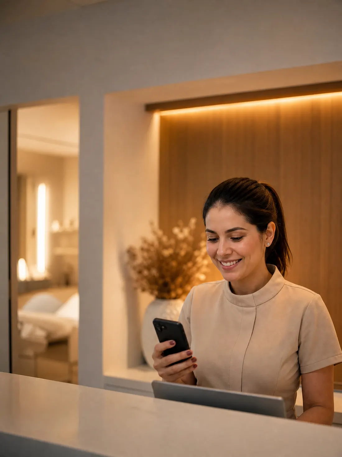Recepcionista de clínica de estética lendo uma mensagem no celular